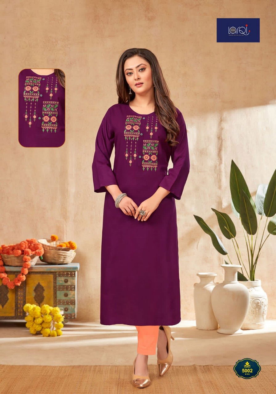 Larqi Nirja Advance 5 Fancy Ethnic Wear Rayon Cotton Embroidery Kurti Collection